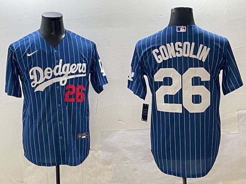 Men Los Angeles Dodgers 26 Gonsolin Blue Stripe Fashion Game 2025 Nike MLB Jersey style 1